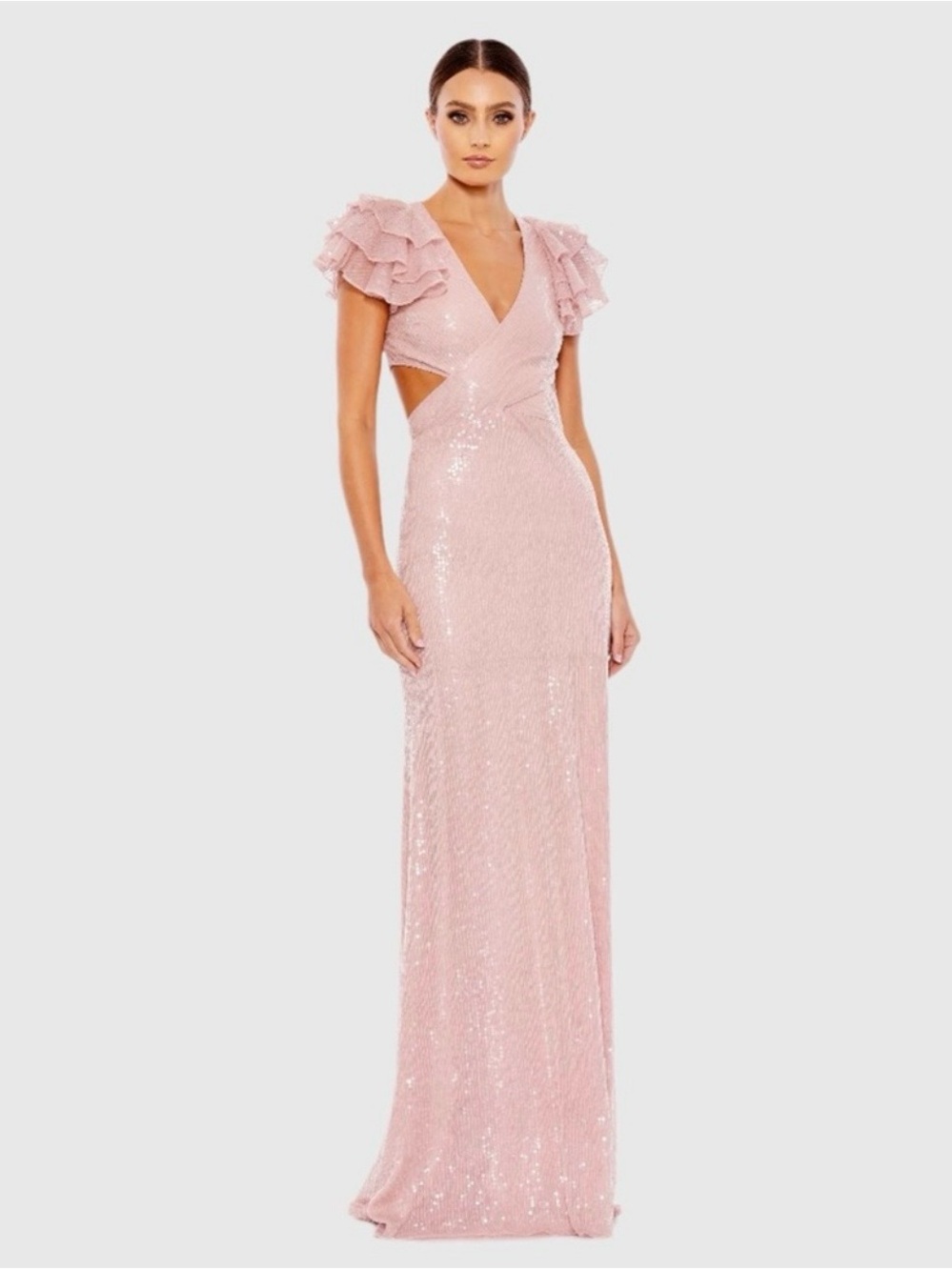 Mac Duggal Blush Sequin Ruffle-Sleeve Maxi Gown